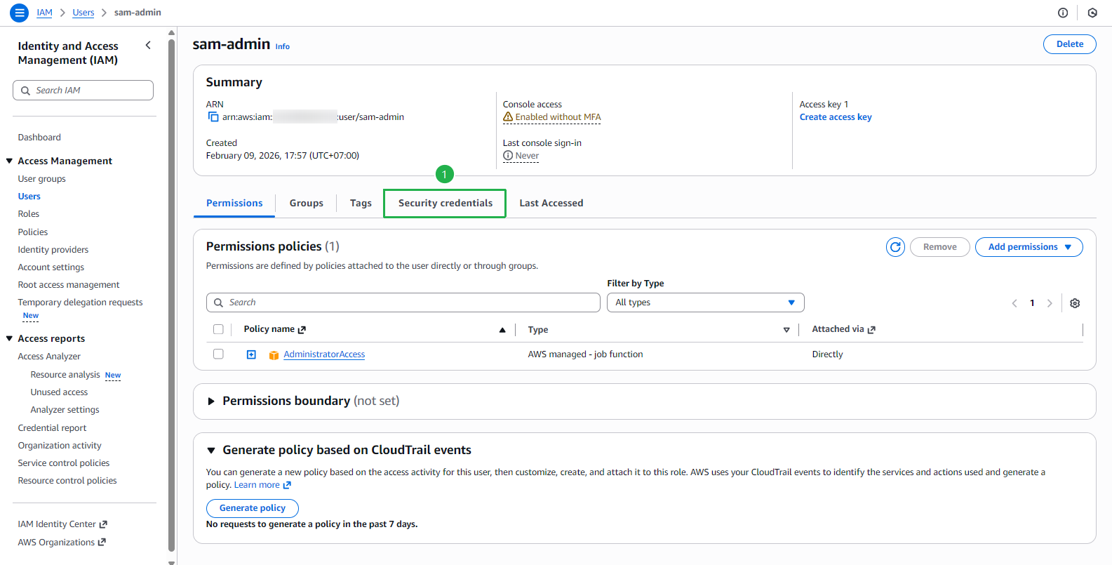 Security Credentials Tab