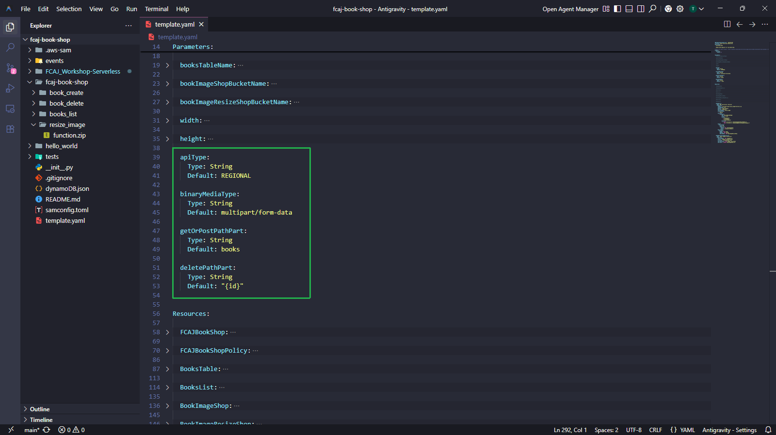 VSCode - template.yaml: new Parameters block highlighted