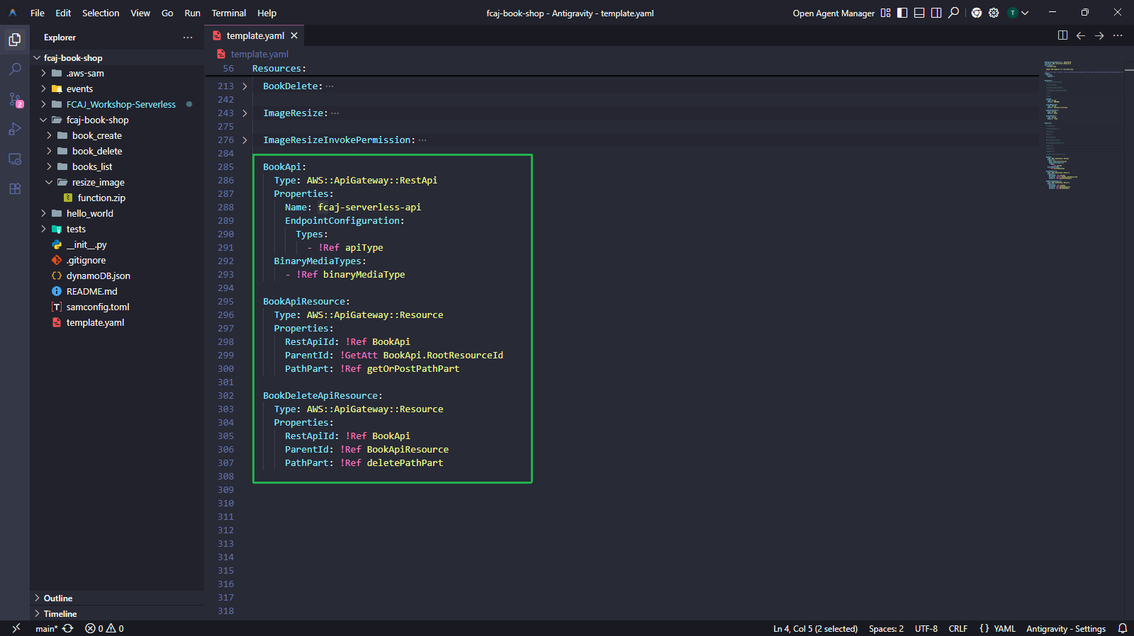 VSCode - template.yaml: BookApi, BookApiResource, BookDeleteApiResource highlighted