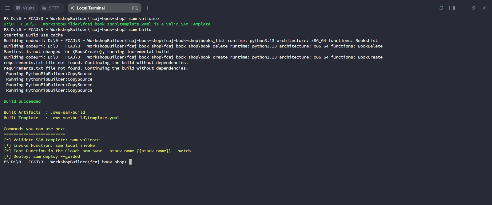 Terminal - sam validate + sam build: Build Succeeded