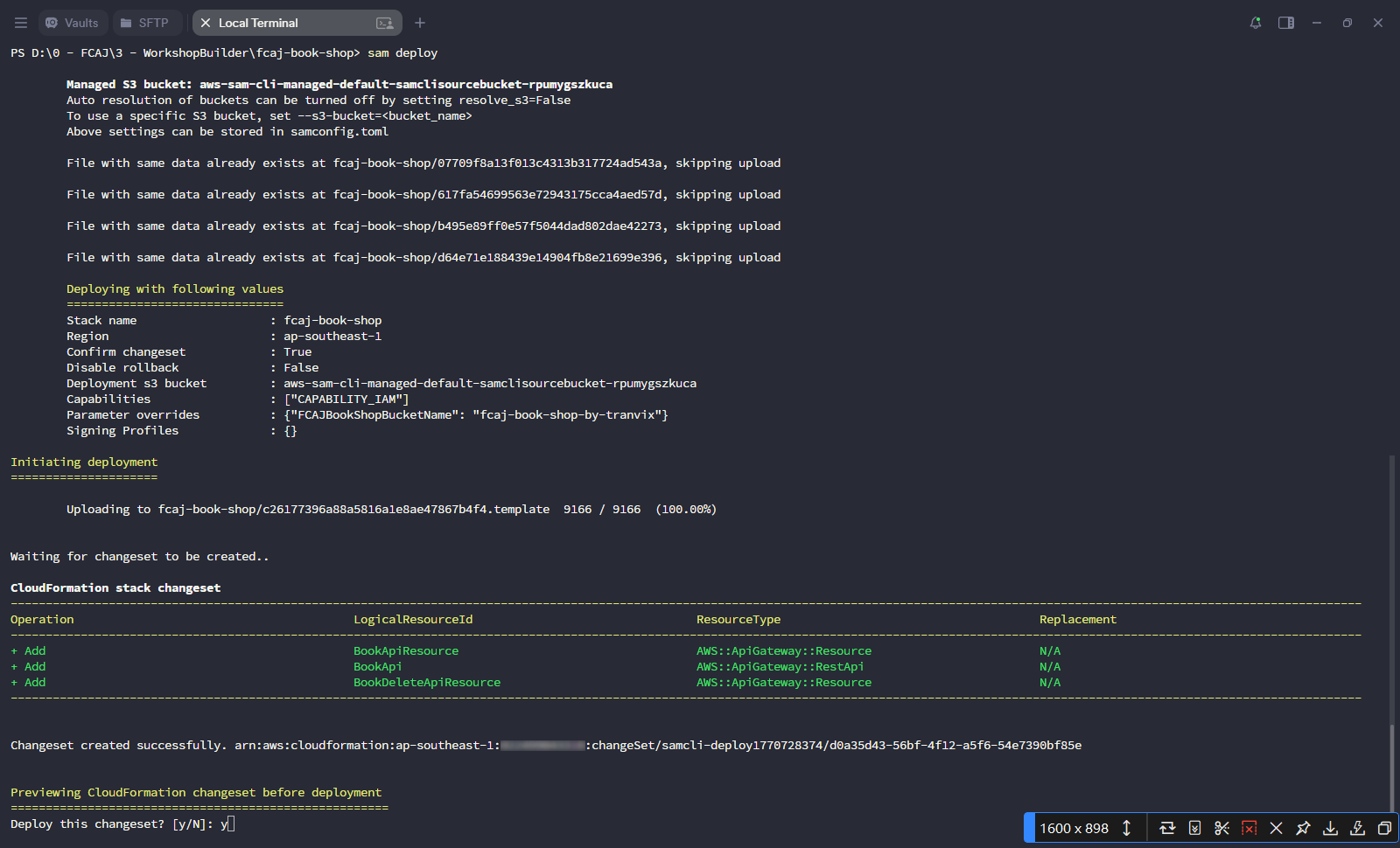Terminal - sam deploy: changeset showing + Add BookApi, BookApiResource, BookDeleteApiResource