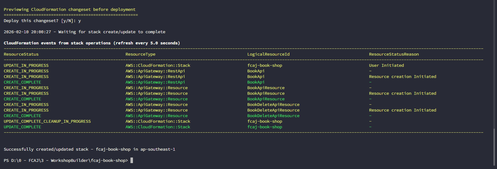 Terminal - CloudFormation events: CREATE_COMPLETE for BookApi resources, UPDATE_COMPLETE for stack