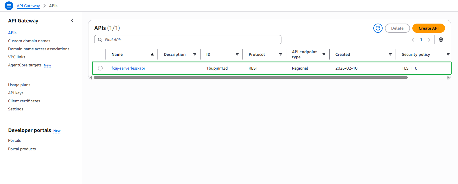 API Gateway - APIs list: fcaj-serverless-api (REST, Regional)