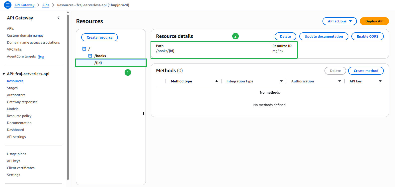 API Gateway - Resources: /{id} selected, Path=/books/{id}, Resource ID=reg5nx