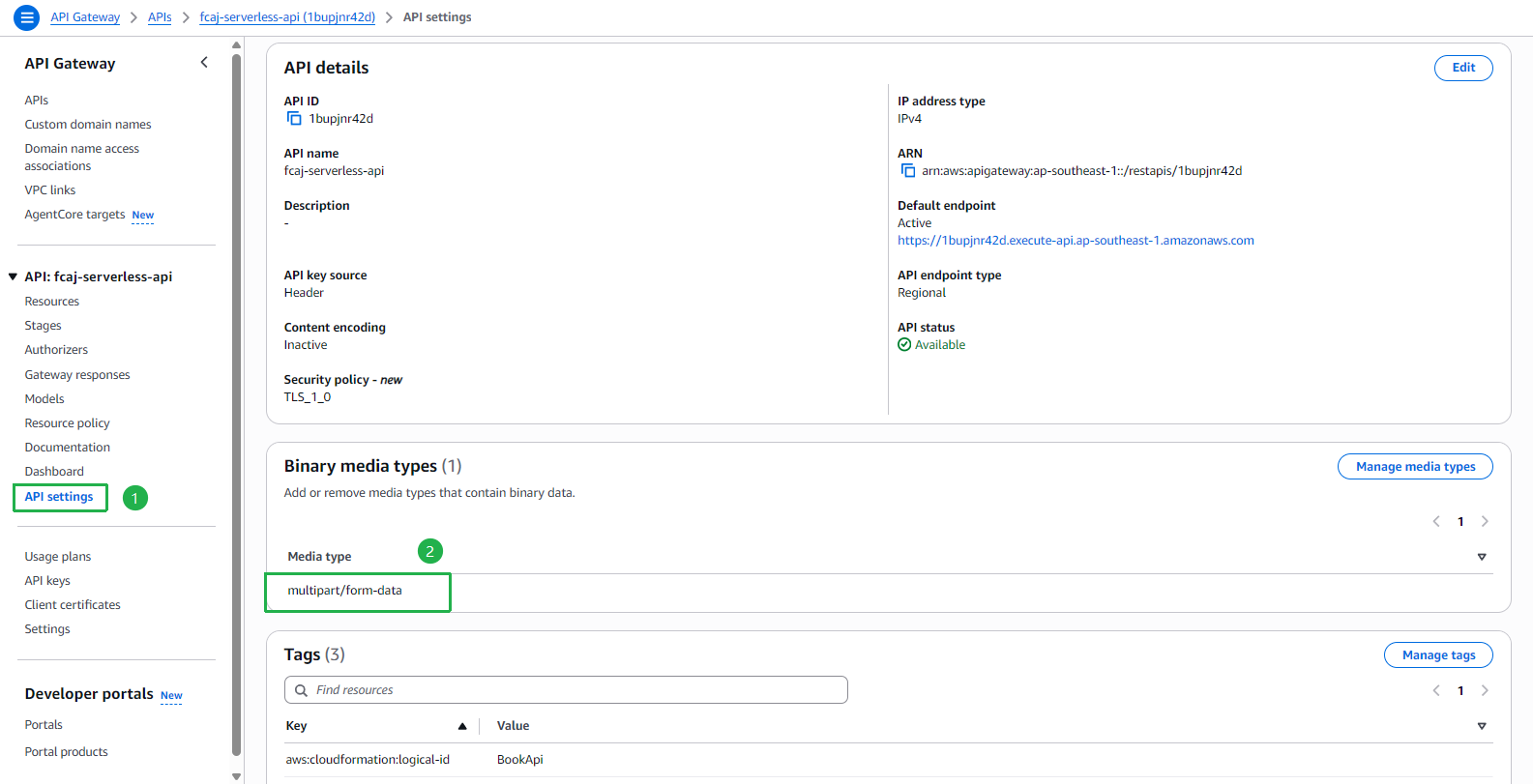 API Gateway - API settings: Binary media types = multipart/form-data