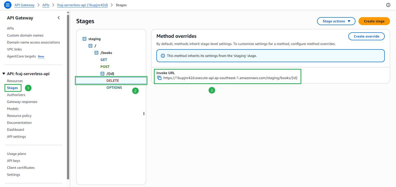 Stages - staging/DELETE /books/{id} - Invoke URL