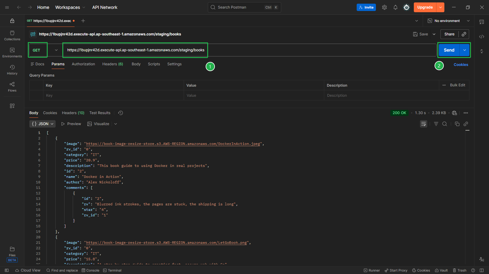 Postman - GET /books → 200 OK with JSON array