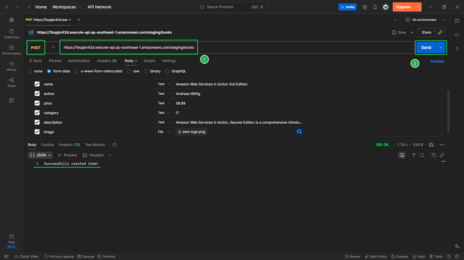 Postman - POST /books → Successfully created item!