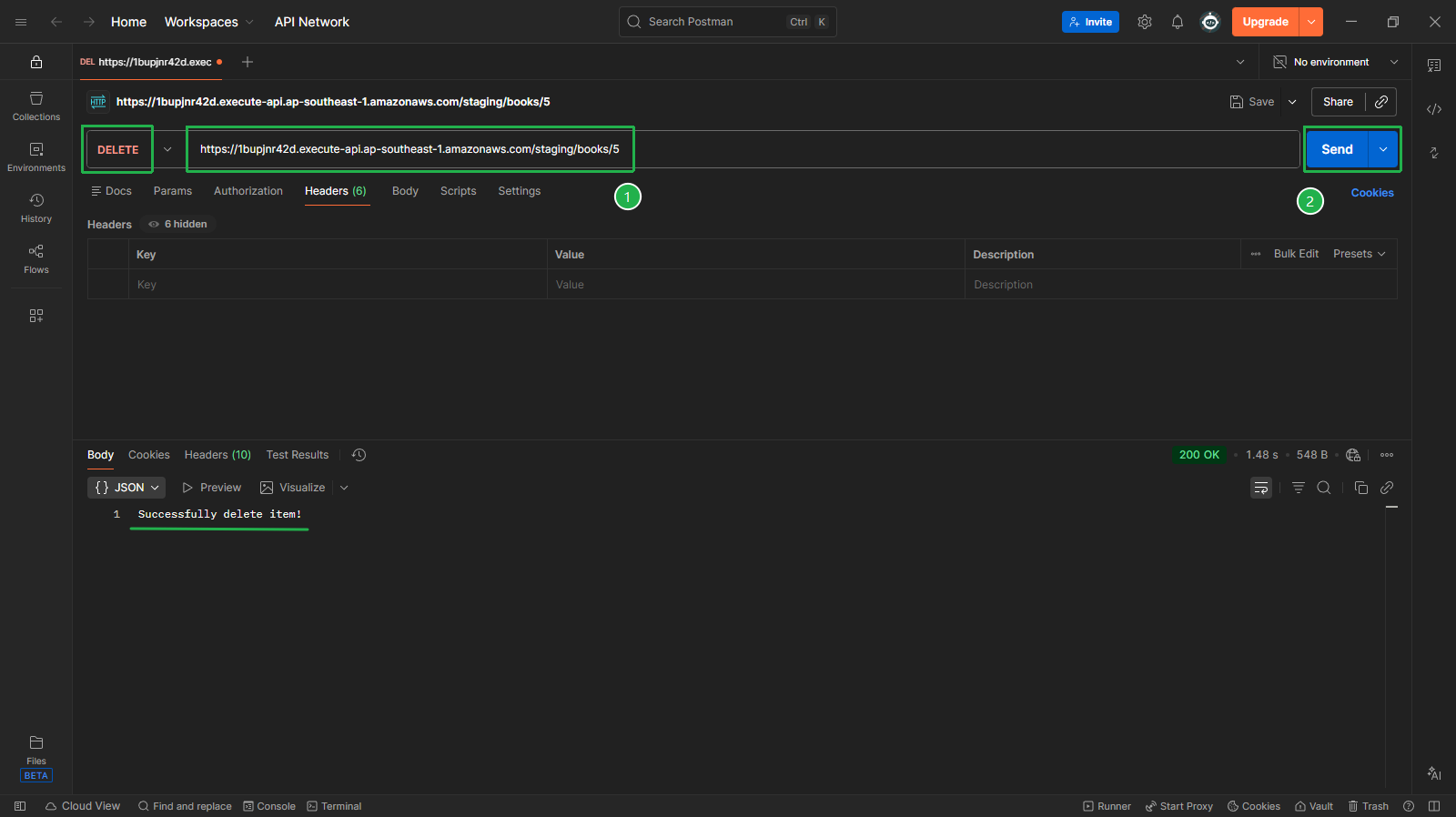 Postman - DELETE /books/5 → Successfully delete item!