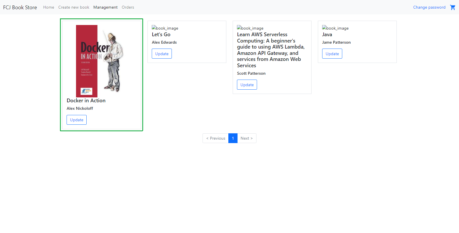 FCJ Book Store - Management: Docker in Action now shows cover image