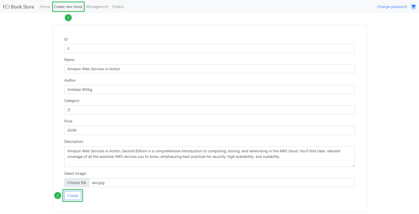 FCJ Book Store - Create new book form filled (id=5, aws.jpg)