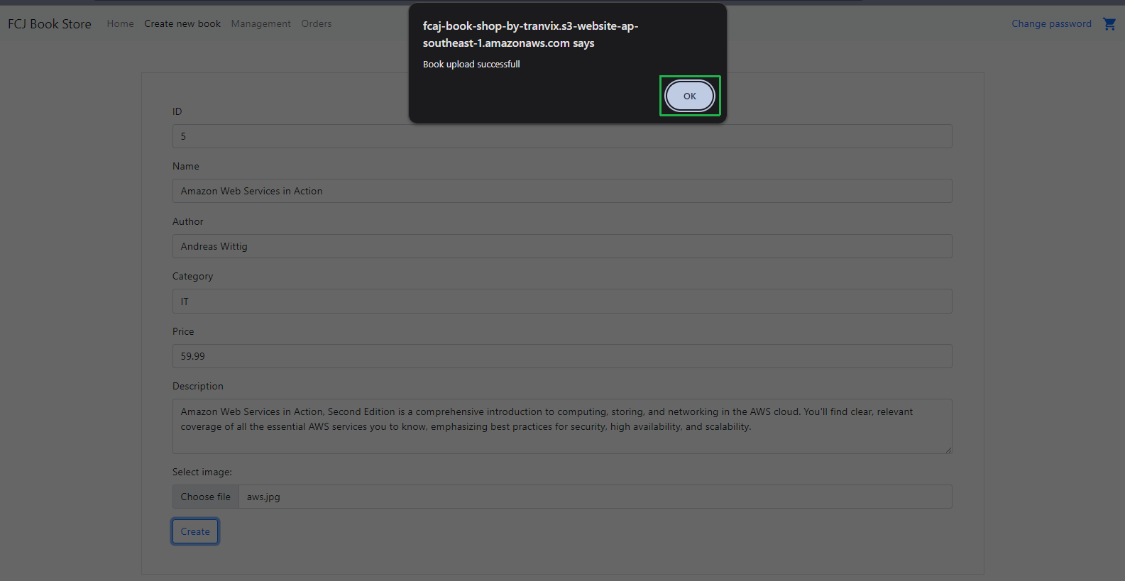 FCJ Book Store - Book upload successfull dialog