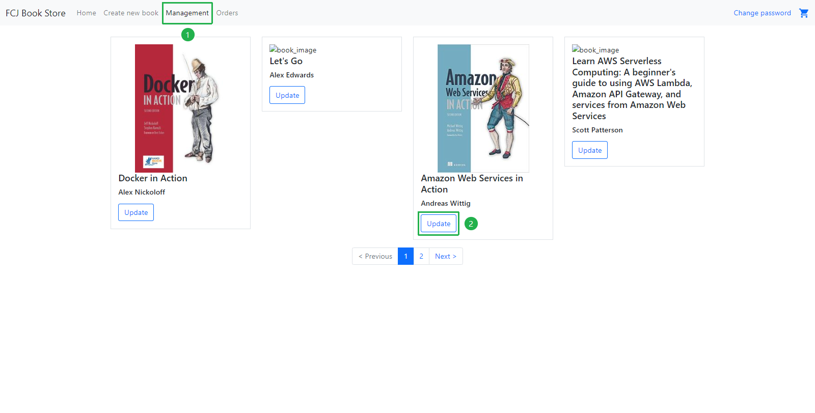 FCJ Book Store - Management: AWS book Update button highlighted