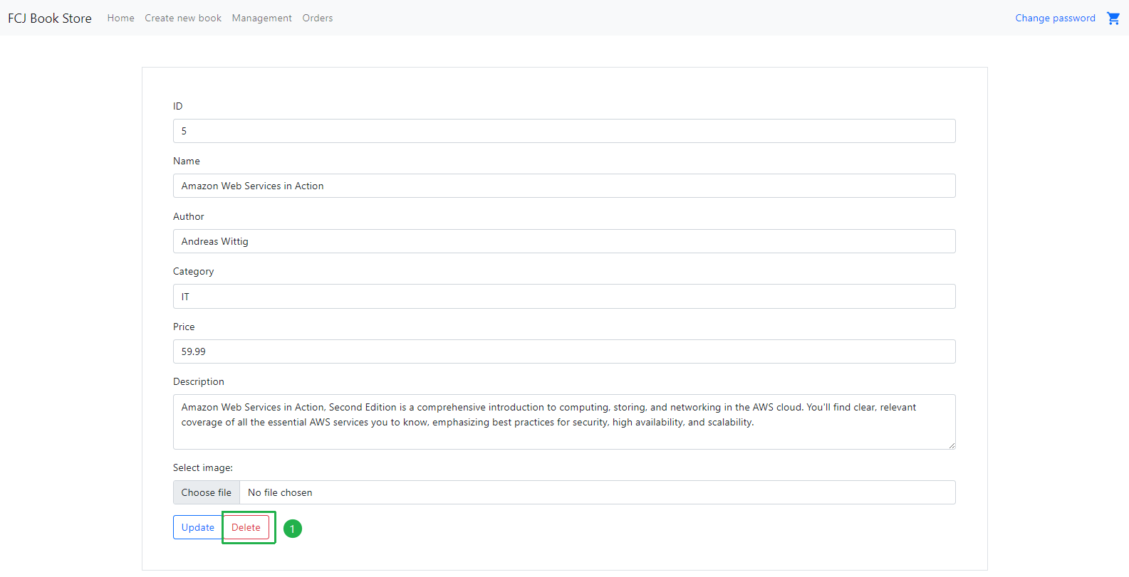 FCJ Book Store - Update form showing Delete button for id=5