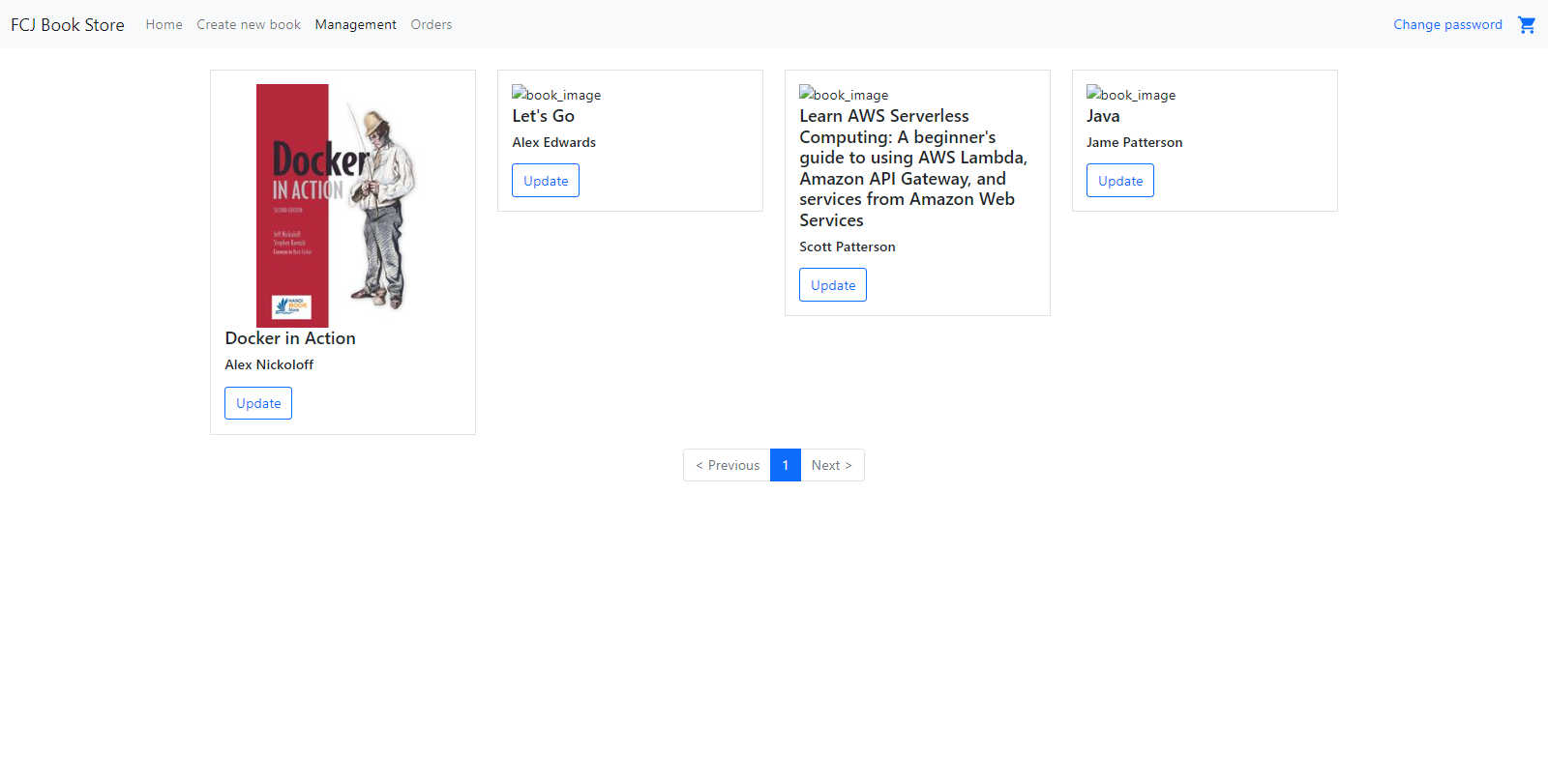 FCJ Book Store - Management: id=5 deleted, back to 1 page with 9 books