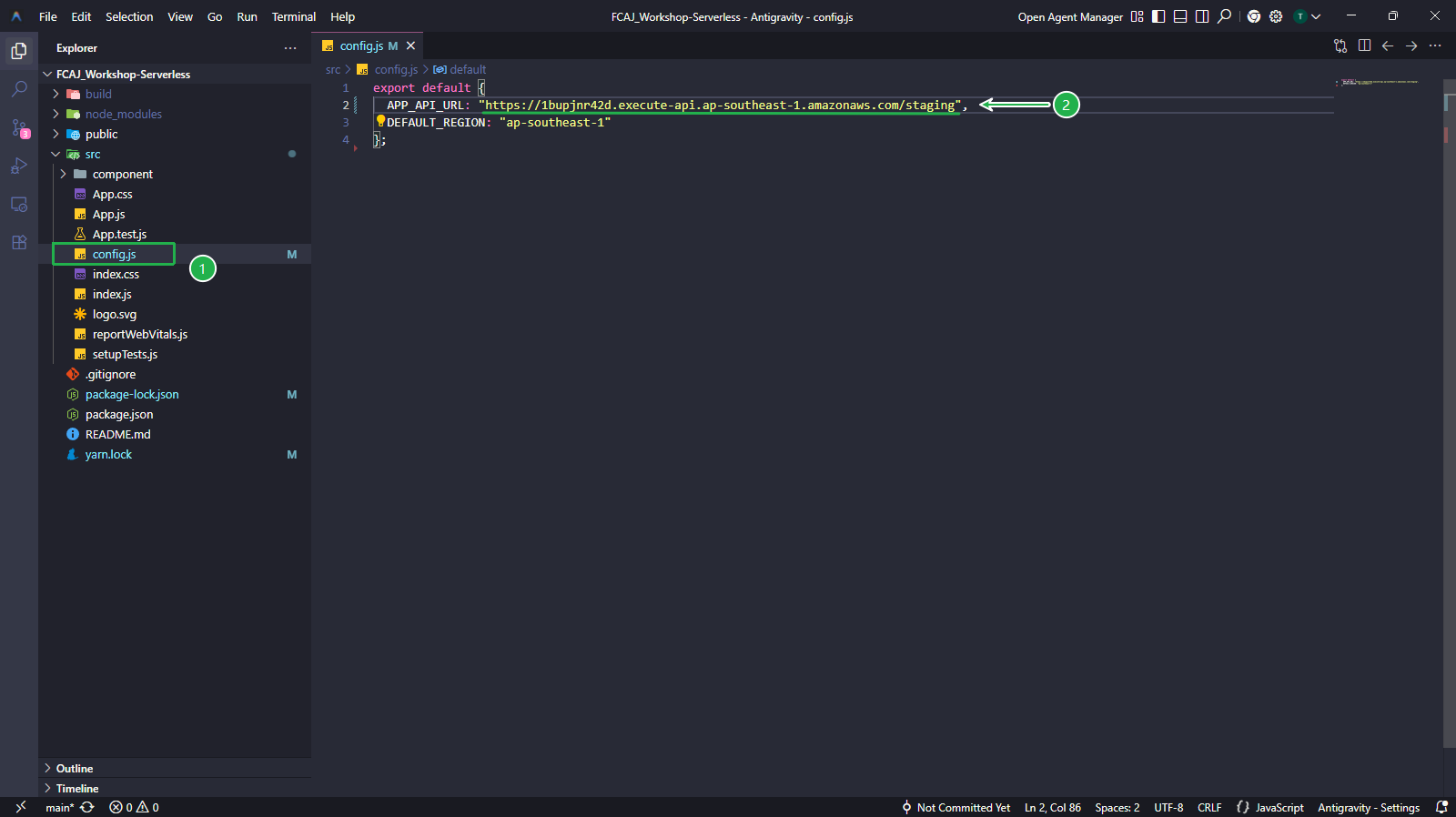 VSCode - config.js with APP_API_URL set to the staging Invoke URL