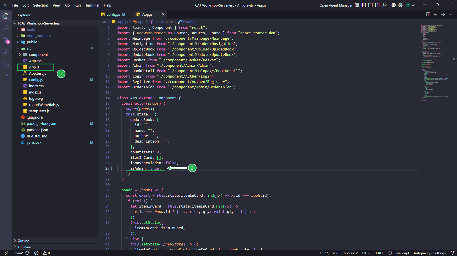 VSCode - App.js with isAdmin: true in state