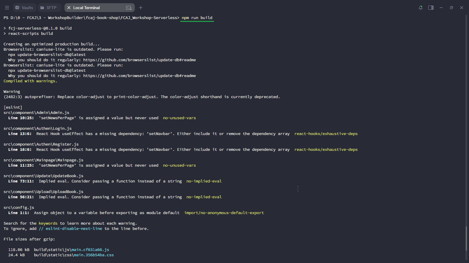 Terminal - npm run build completed with warnings