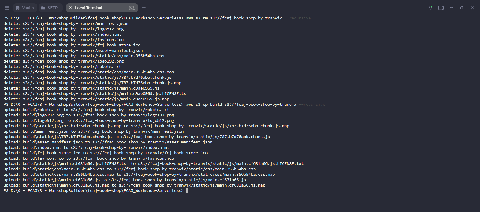 Terminal - aws s3 rm then aws s3 cp build to fcaj-book-shop-by-tranvix