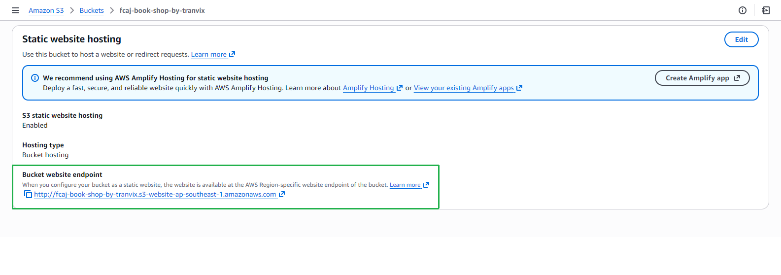S3 - fcaj-book-shop-by-tranvix static website hosting endpoint