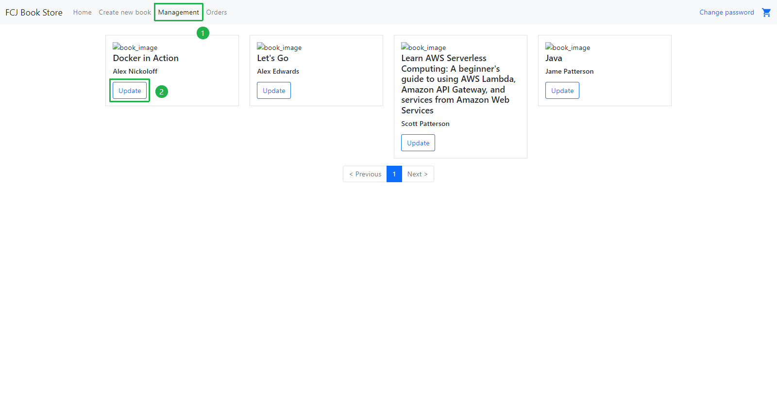 FCJ Book Store - Management tab with Update buttons