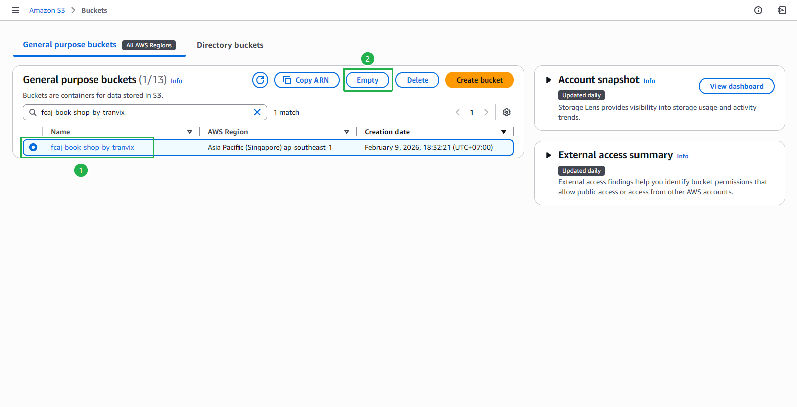 S3 - select fcaj-book-shop-by-tranvix and click Empty