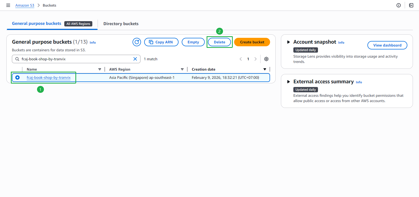 S3 - select fcaj-book-shop-by-tranvix and click Delete