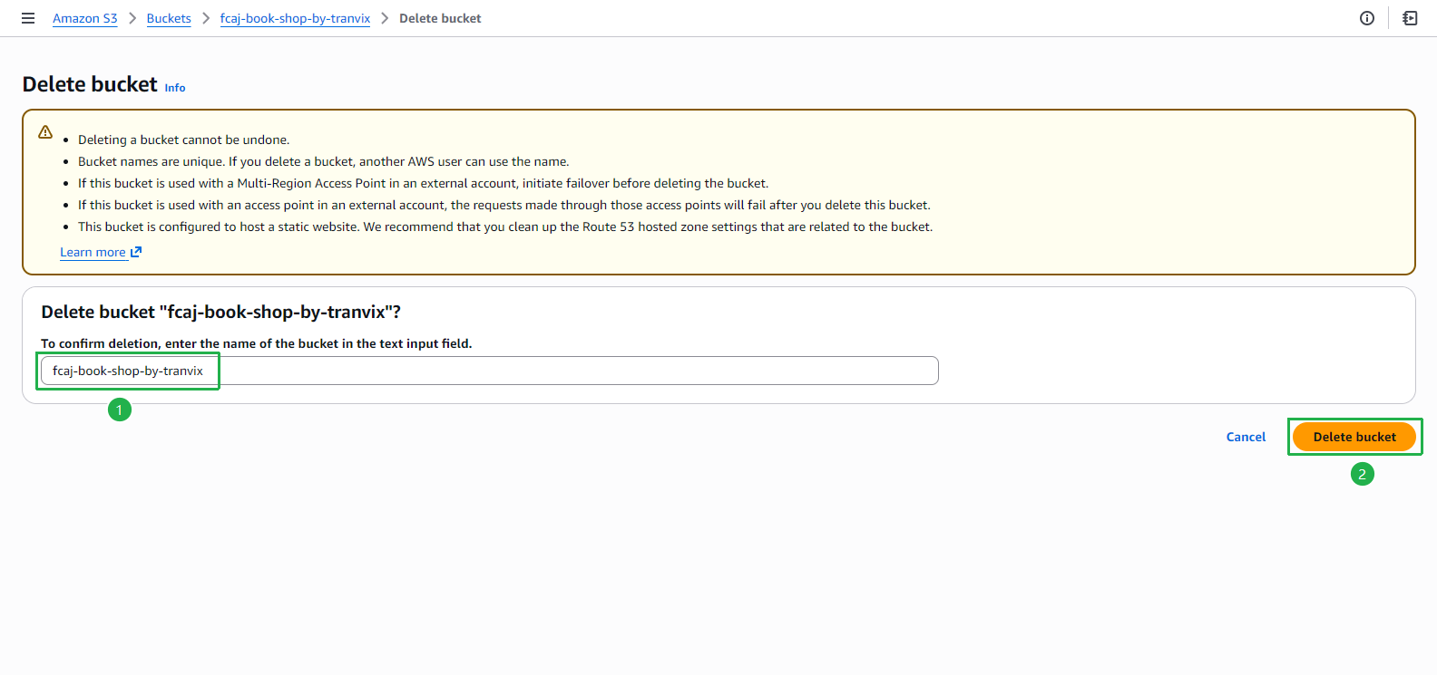 S3 - Delete bucket confirmation: type bucket name